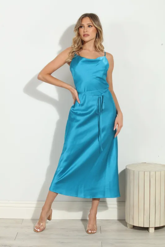 Cyan Satin Bias Midi Dress sold by Veronica M