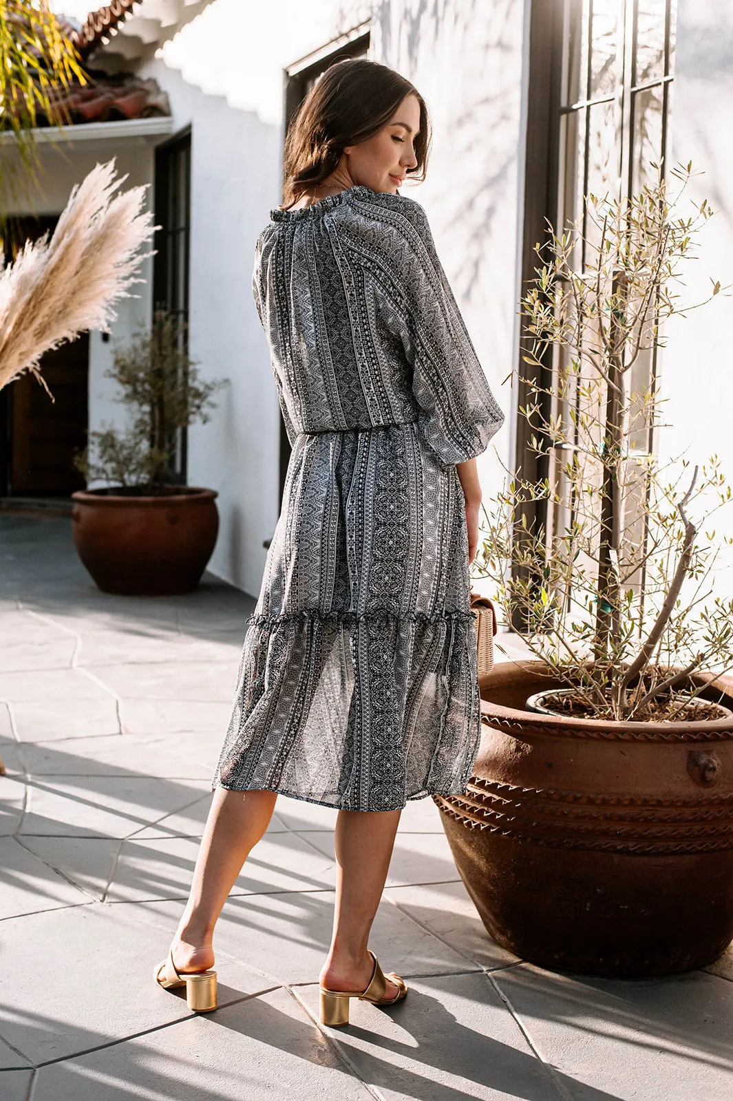 Navy and White Chiffon Long Sleeve Smocked Midi Dress - FINAL SALE sold by Veronica M product image thumbnail 2