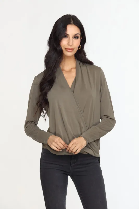 Olive Cupro Draped Surplice Top - BEST SELLER sold by Veronica M