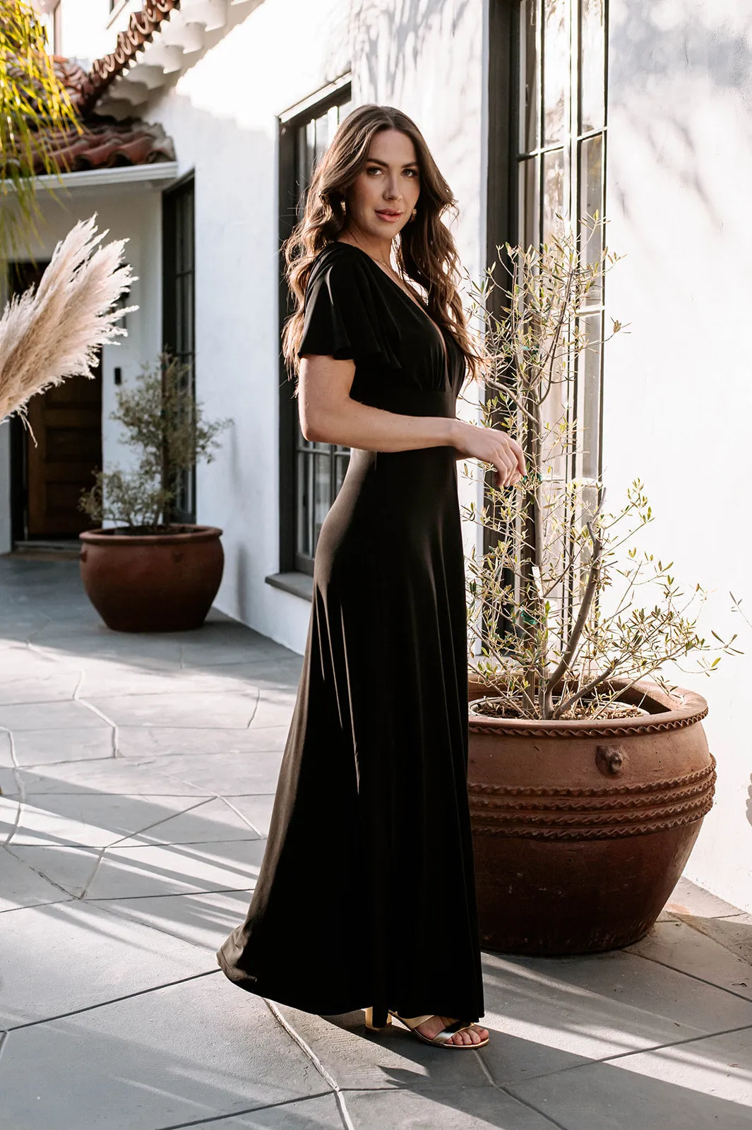 Black Stretch Deep V Flutter Sleeve Maxi Dress - BEST SELLER sold by Veronica M product image thumbnail 5