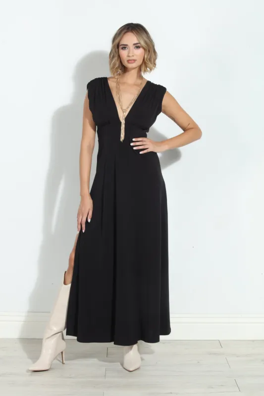 Black Stretch Deep V Maxi Dress-BEST SELLER sold by Veronica M