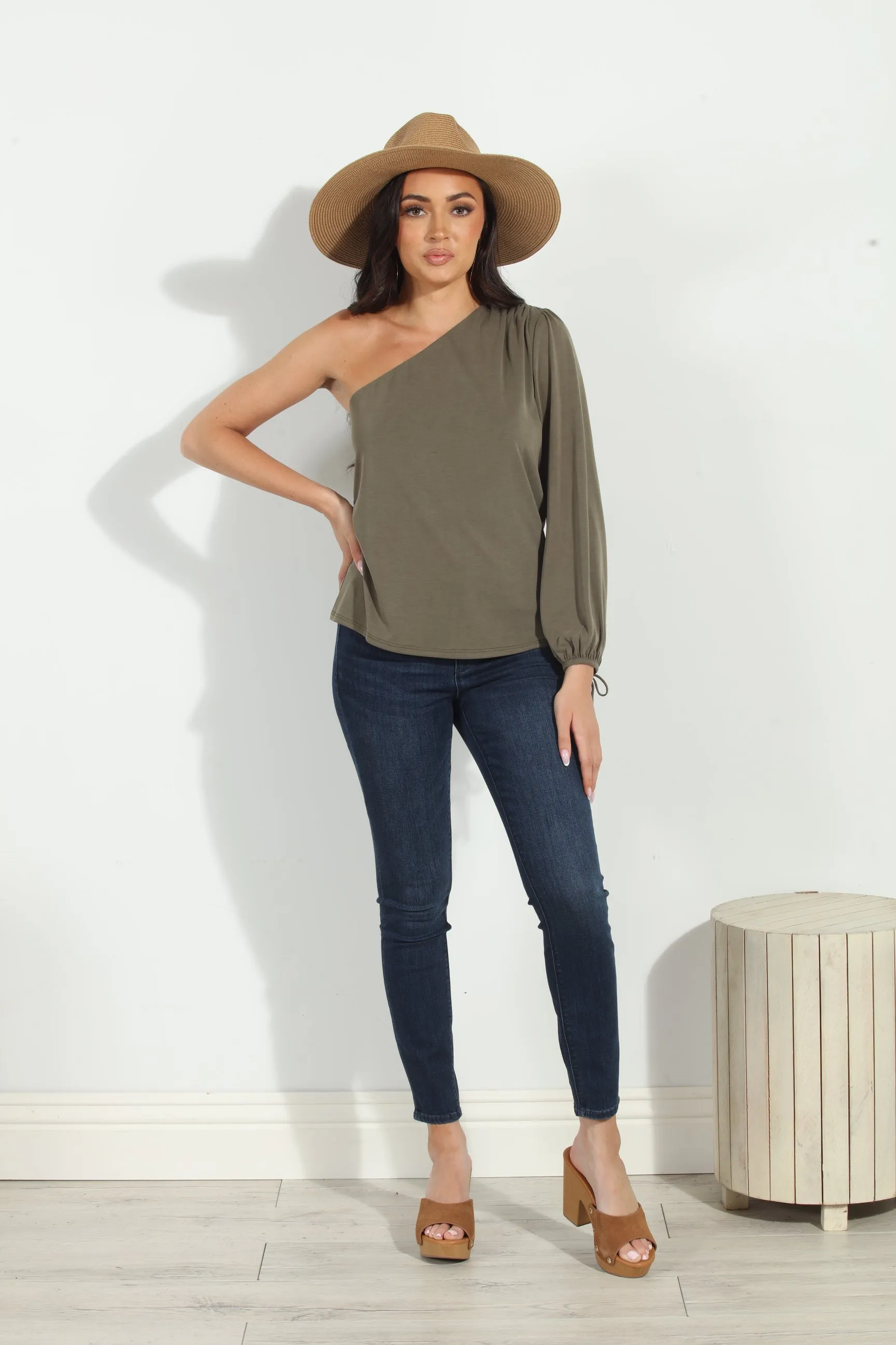 Olive Cupro One Shoulder Asymmetrical Top-FINAL SALE sold by Veronica M product image thumbnail 3