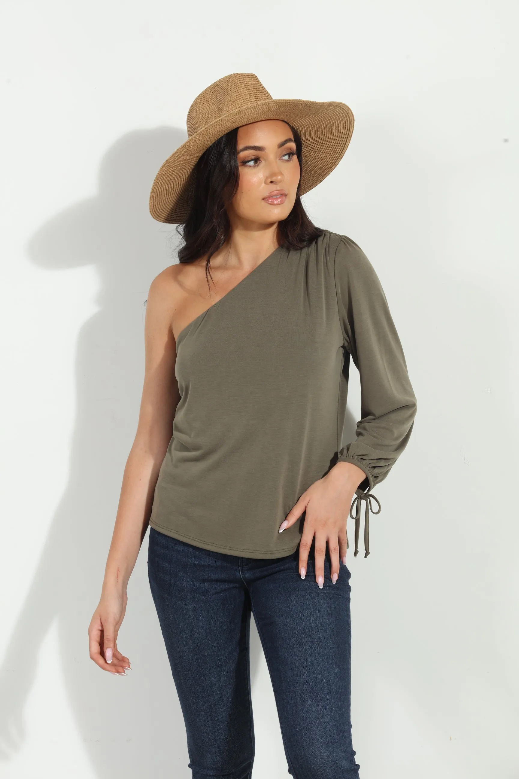 Olive Cupro One Shoulder Asymmetrical Top-FINAL SALE sold by Veronica M product image thumbnail 4