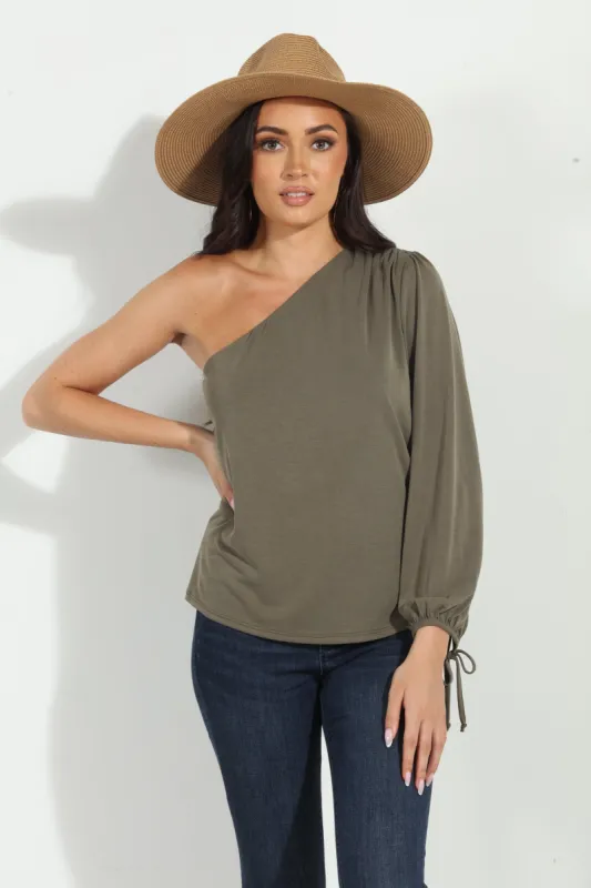 Olive Cupro One Shoulder Asymmetrical Top-FINAL SALE sold by Veronica M