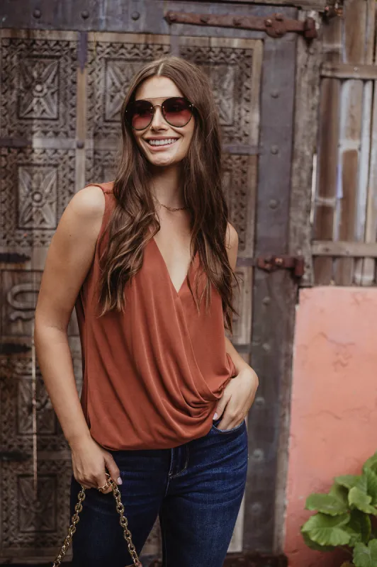 The Everyday Cupro Surplice Tank - Rust sold by Veronica M