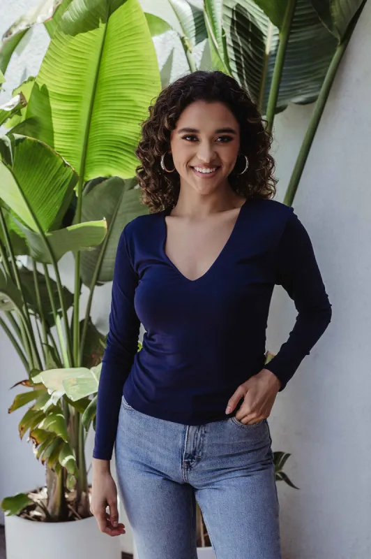 Navy Blue Lined V-Neck Top-BEST SELLER sold by Veronica M