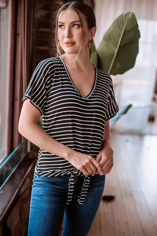Black and White Stripe Tee with Front Tie-FINAL SALE sold by Veronica M