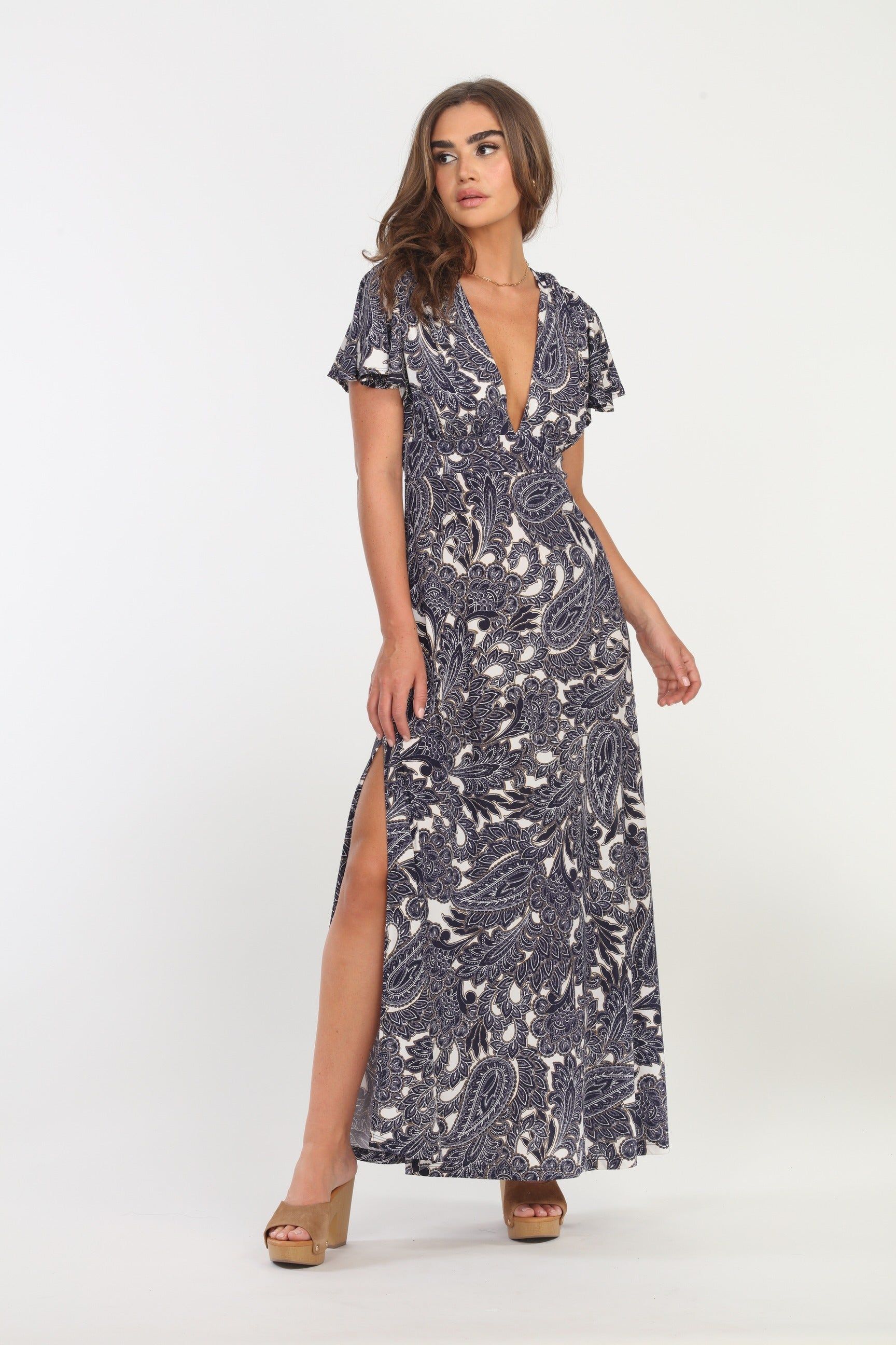 Wynter Deep V Flutter Sleeve Maxi Dress sold by Veronica M