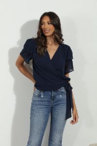 Navy Short Sleeve Flutter Wrap Blouse sold by Veronica M