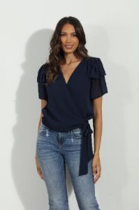 Navy Short Sleeve Flutter Wrap Blouse sold by Veronica M