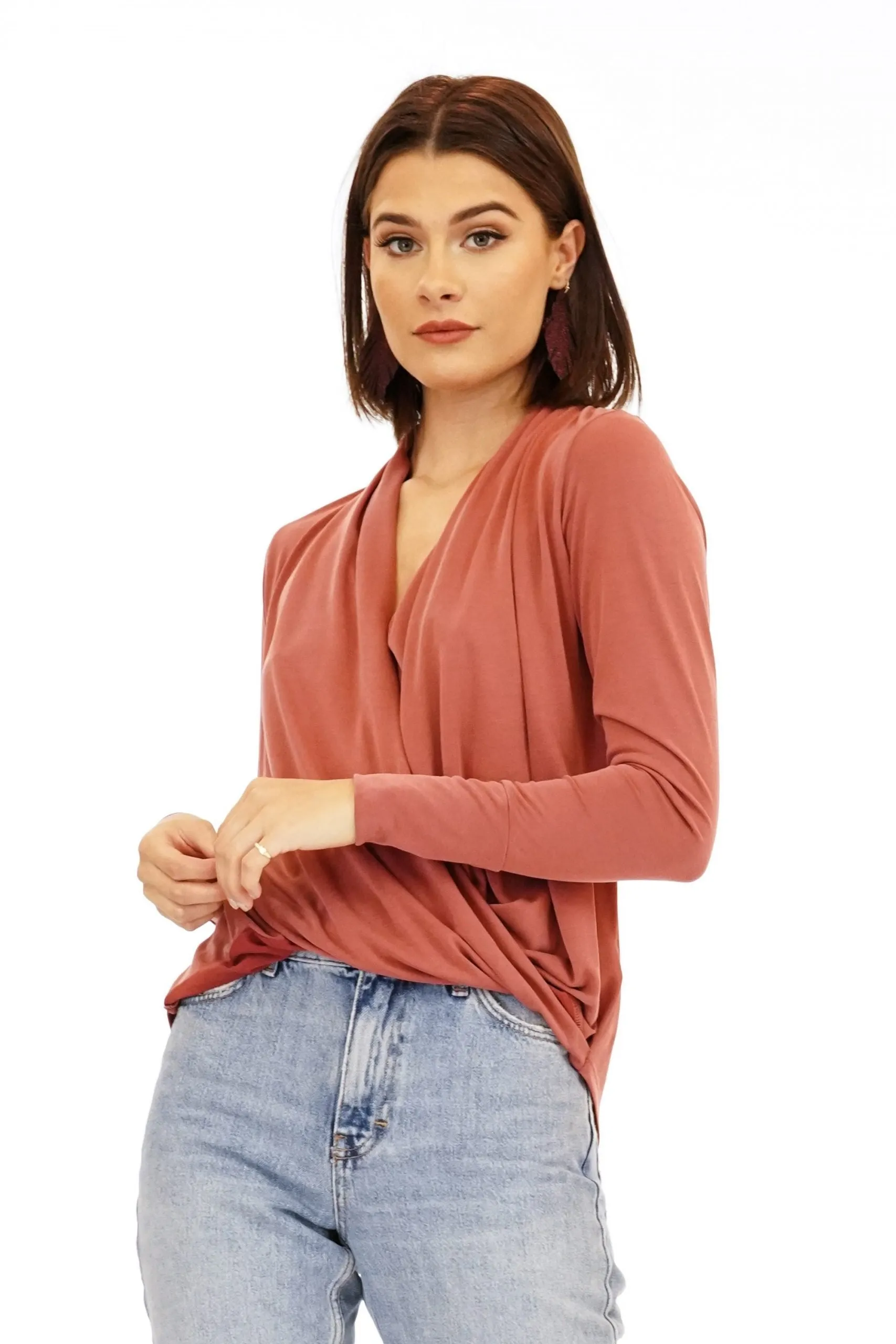 Marsala Cupro Draped Surplice Top-BEST SELLER sold by Veronica M