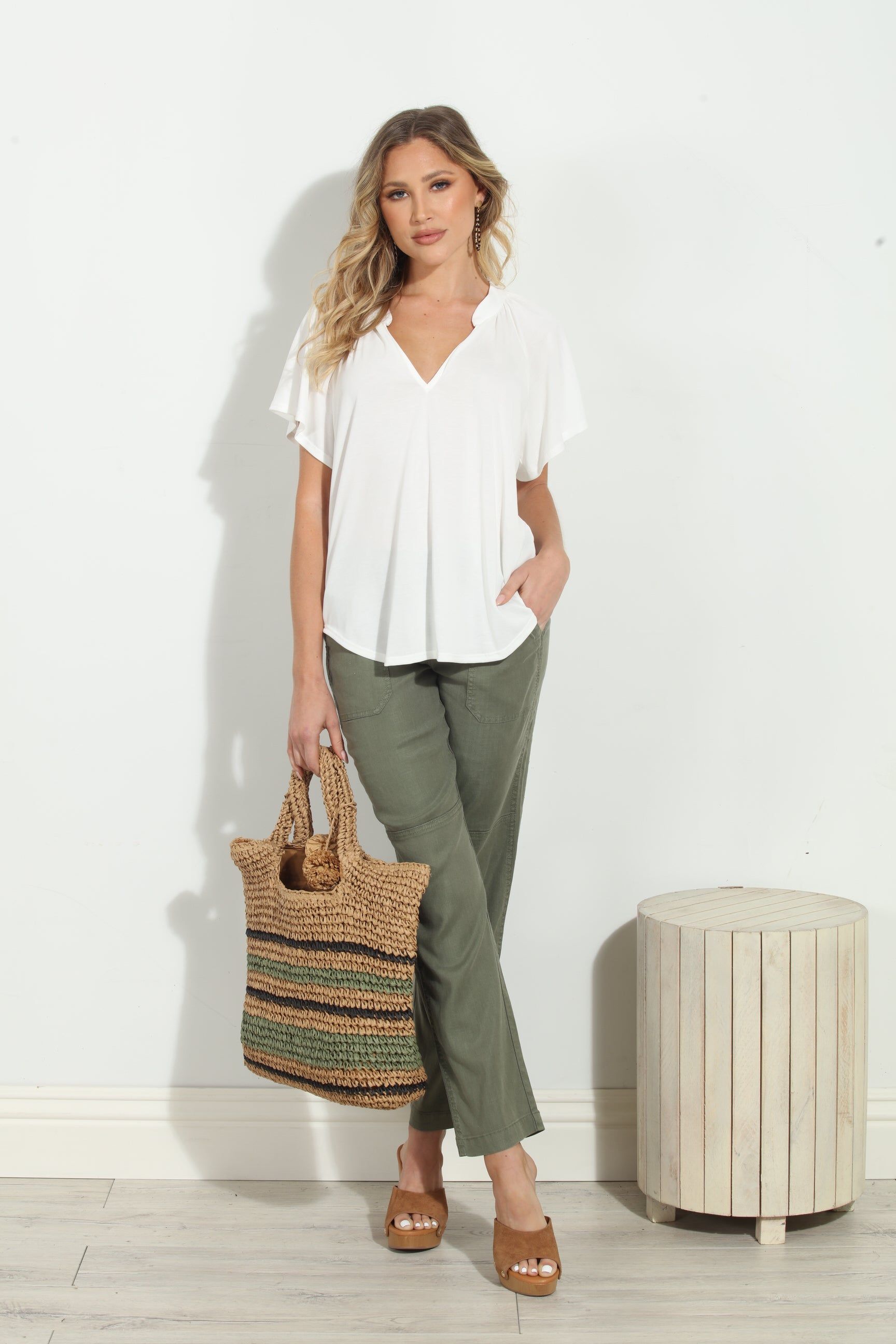 Ivory Short Sleeve Cupro Split Neck Top-BEST SELLER sold by Veronica M product image thumbnail 4