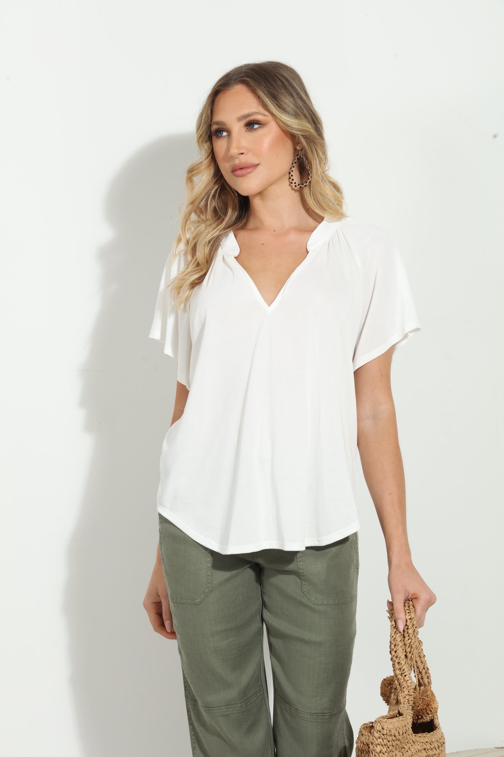 Ivory Short Sleeve Cupro Split Neck Top-BEST SELLER sold by Veronica M product image thumbnail 5