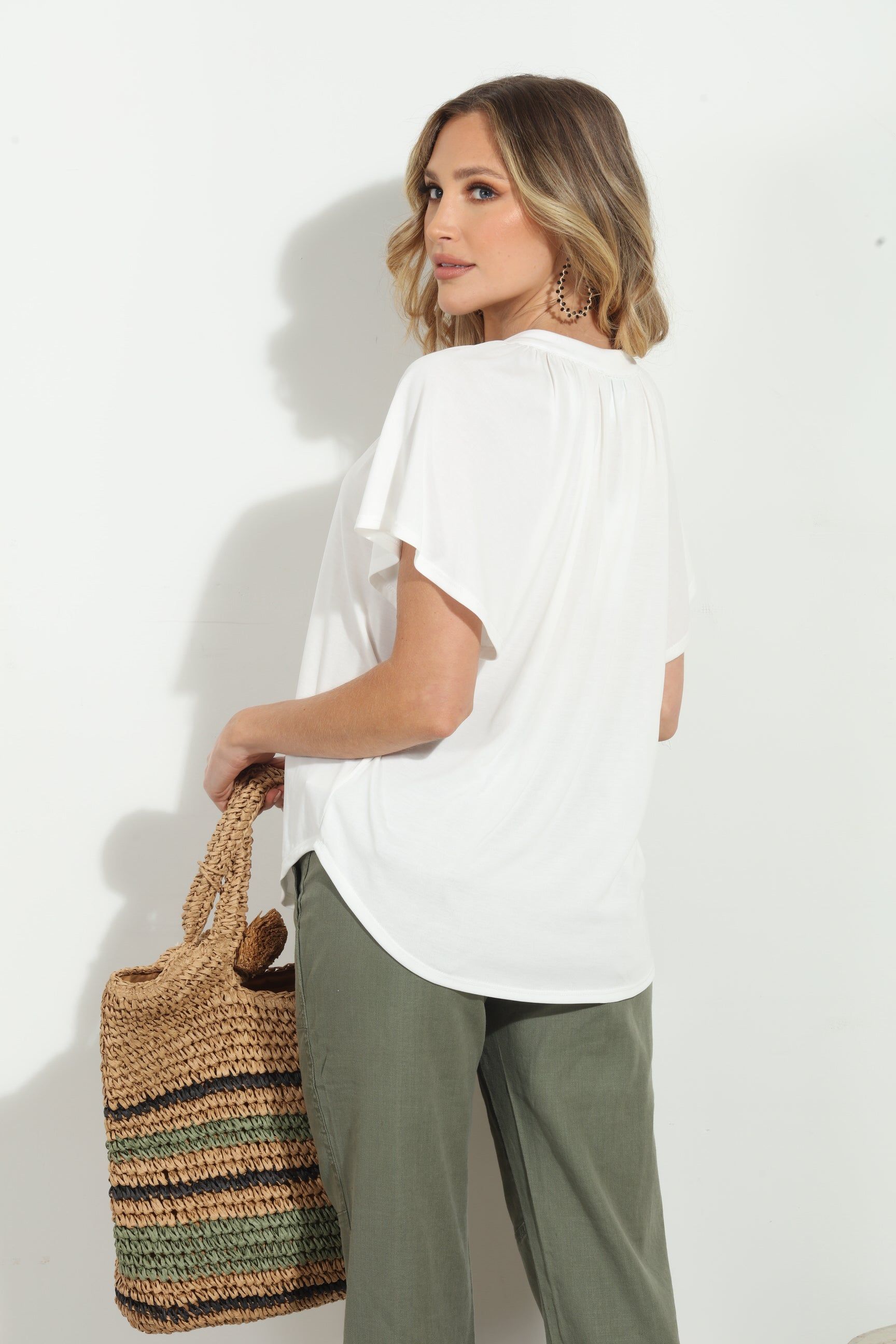 Ivory Short Sleeve Cupro Split Neck Top-BEST SELLER sold by Veronica M product image thumbnail 3