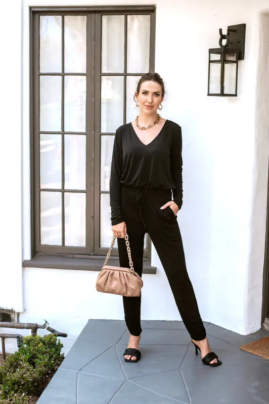 Black Long Sleeve V-Neck Stretch Jumpsuit-FINAL SALE sold by Veronica M