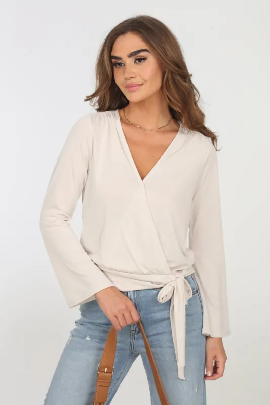 Vanilla Cupro Bell Sleeve Faux Wrap Top- FINAL SALE sold by Veronica M