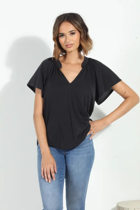 Charcoal Short Sleeve Cupro Split Neck Top-BEST SELLER sold by Veronica M