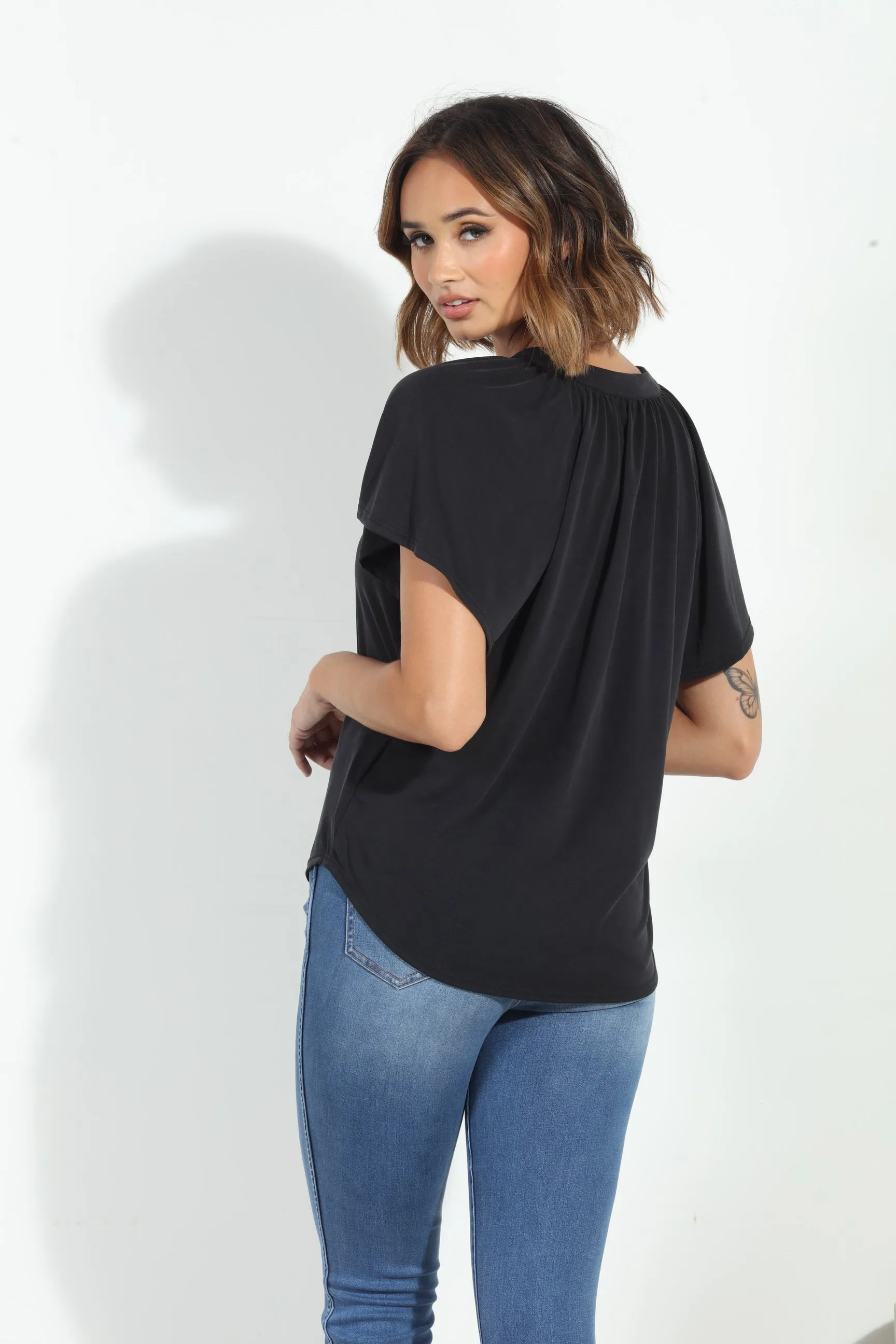 Charcoal Short Sleeve Cupro Split Neck Top-BEST SELLER sold by Veronica M product image thumbnail 2