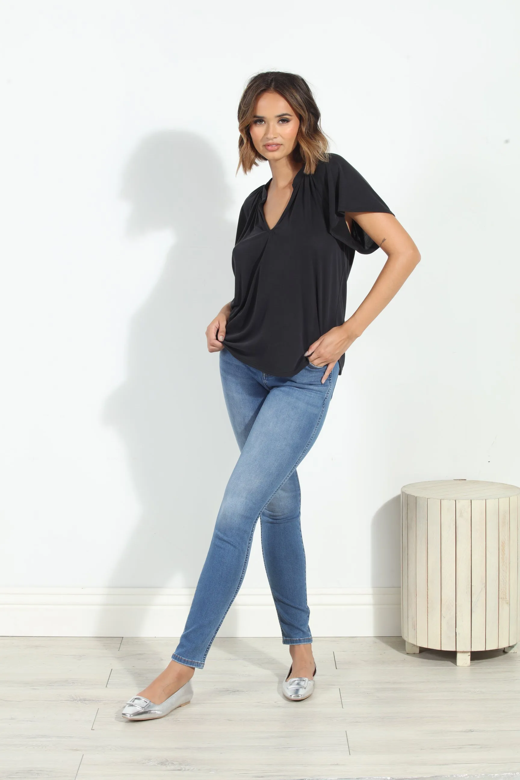 Charcoal Short Sleeve Cupro Split Neck Top-BEST SELLER sold by Veronica M product image thumbnail 3