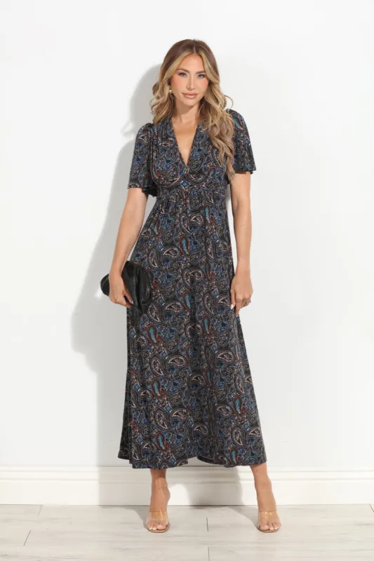 Alona Stretch Deep V Flutter Sleeve Maxi Dress-BEST SELLER sold by Veronica M