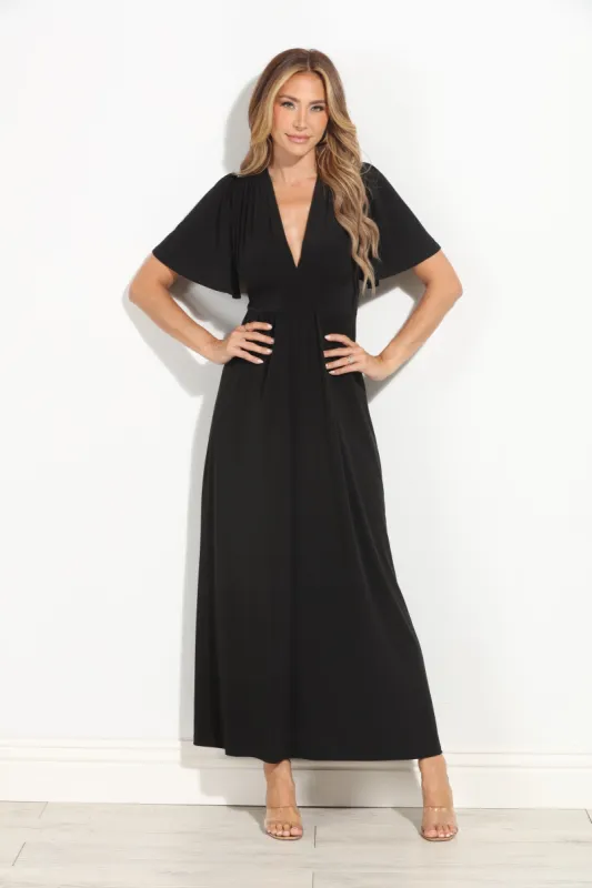 Black Stretch Deep V Flutter Sleeve Maxi Dress-BEST SELLER sold by Veronica M