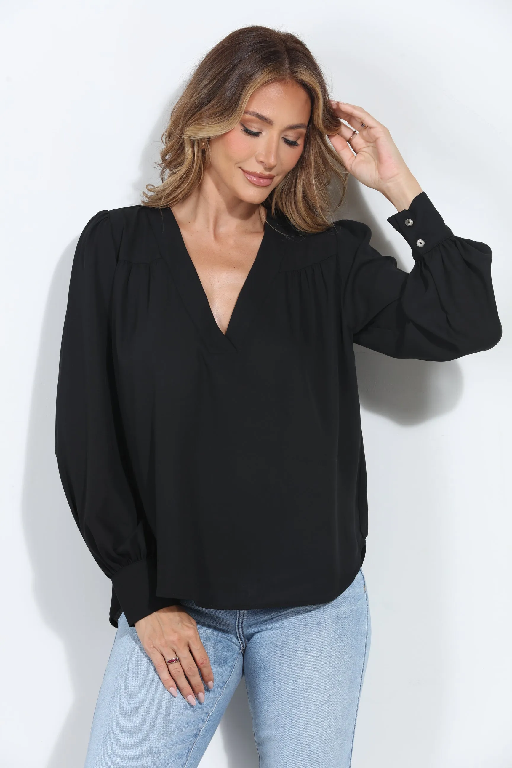 Black V Neck Puffed Sleeve Blouse-BEST SELLER sold by Veronica M product image thumbnail 3