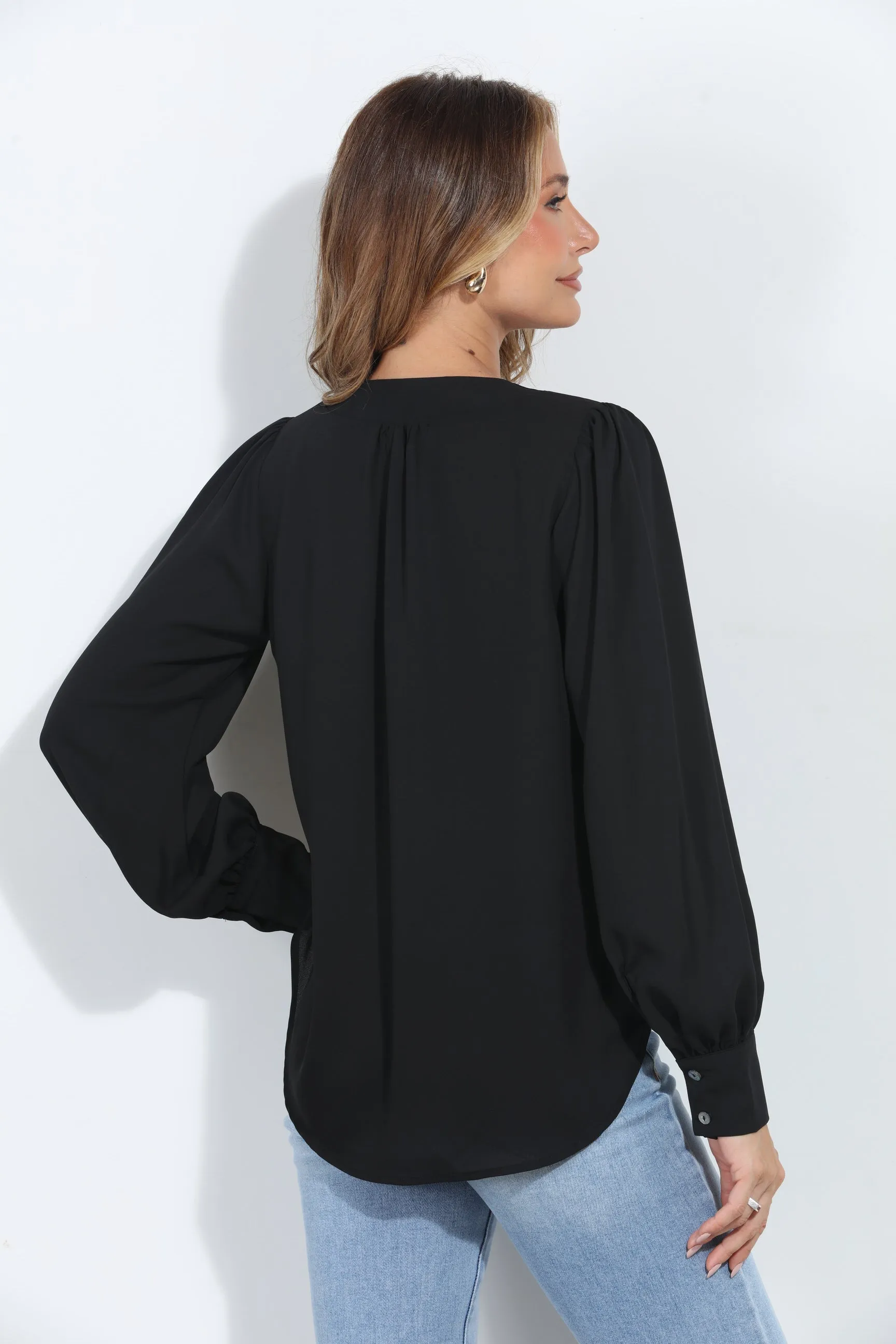 Black V Neck Puffed Sleeve Blouse-BEST SELLER sold by Veronica M product image thumbnail 2