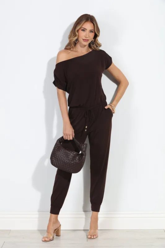 Chocolate ITY Off The Shoulder Jumpsuit-BEST SELLER sold by Veronica M