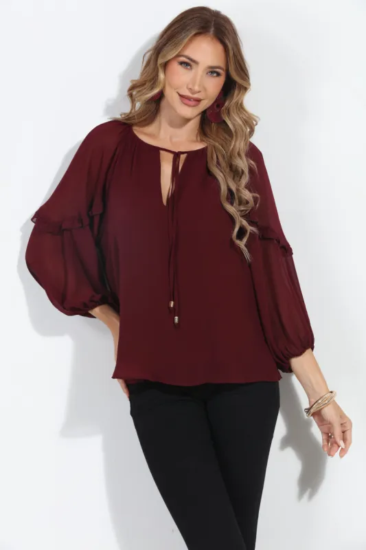 Burgundy Ruffle Chiffon Blouse sold by Veronica M
