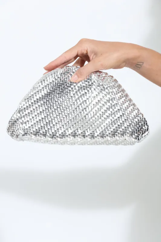 Serena Silver Woven Clutch sold by Veronica M