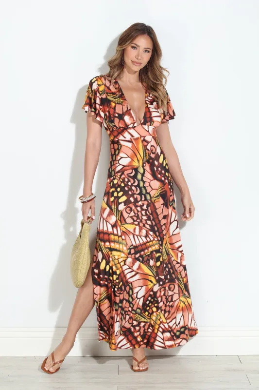 Mariposa Stretch Deep V Flutter Sleeve Maxi Dress - BEST SELLER sold by Veronica M