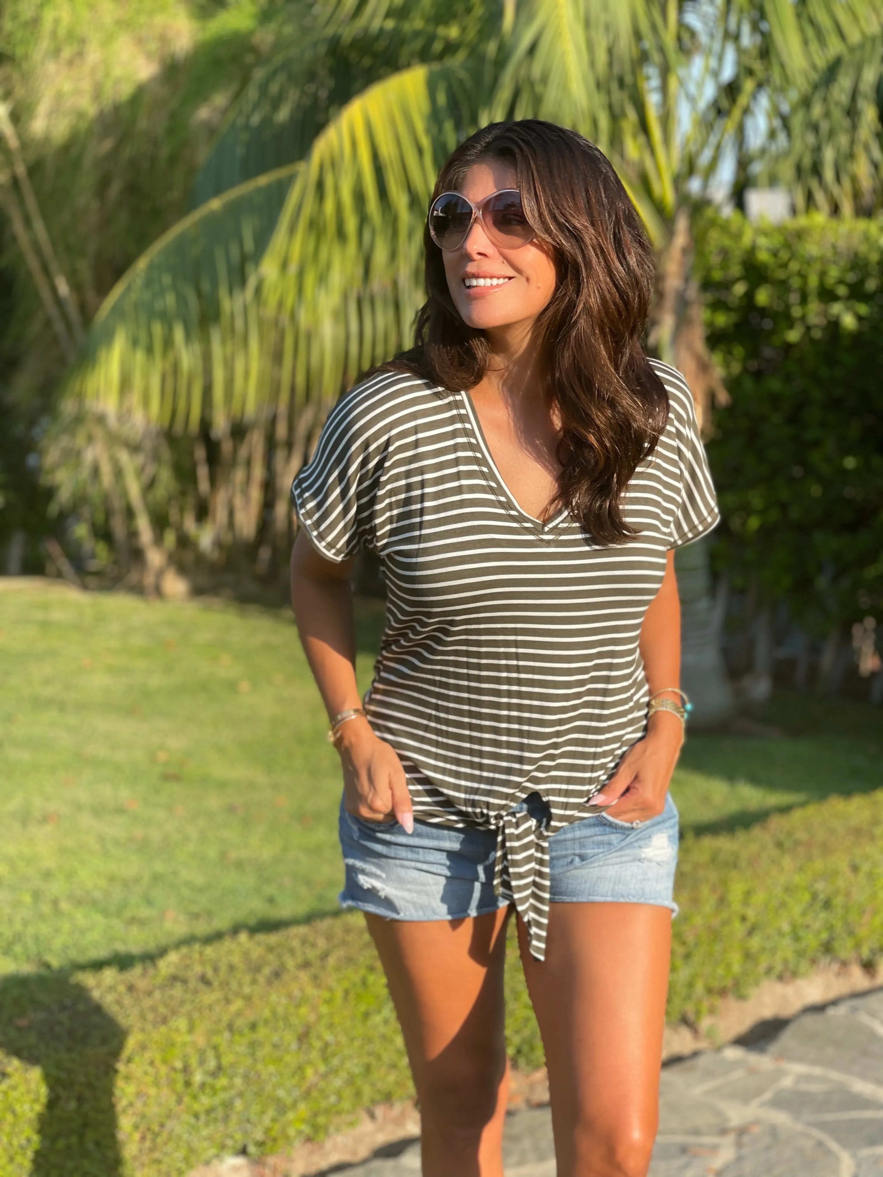Olive and White Striped Tee With Front Tie-FINAL SALE sold by Veronica M