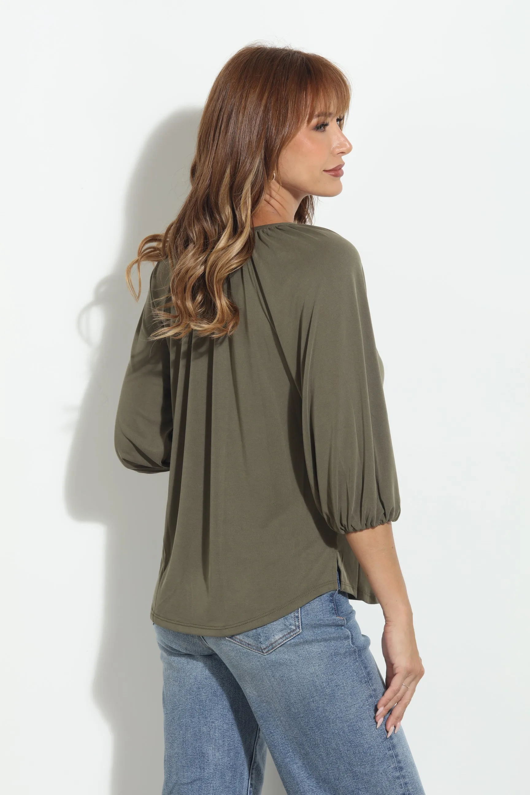 Olive Cupro Stretch Split Neck Top-BEST SELLER sold by Veronica M product image thumbnail 2