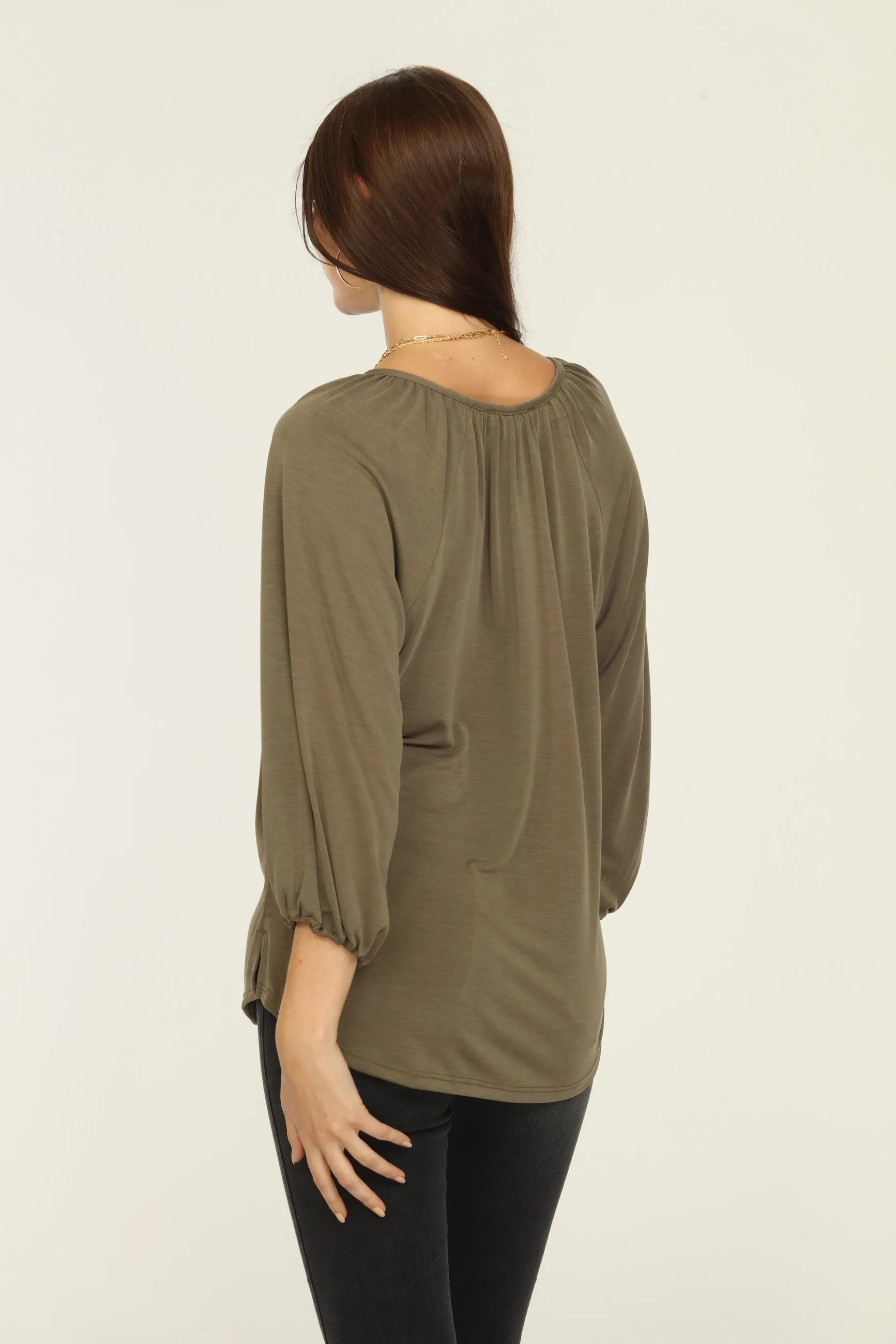 Olive Cupro Stretch Split Neck Top sold by Veronica M product image thumbnail 4