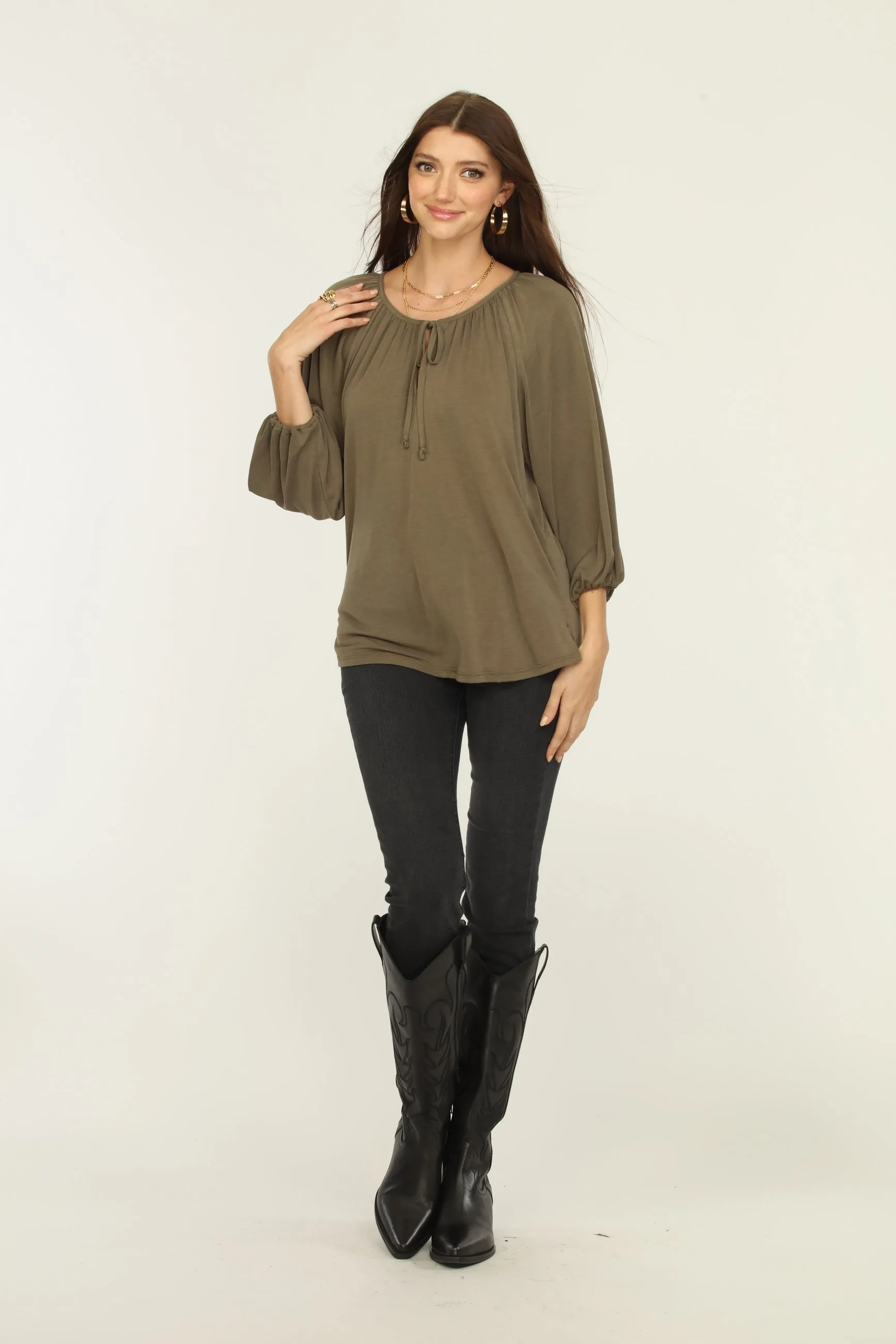 Olive Cupro Stretch Split Neck Top sold by Veronica M product image thumbnail 5