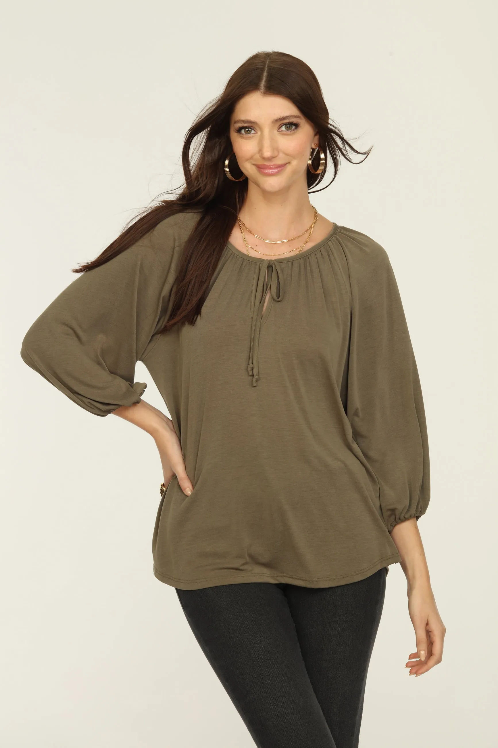Olive Cupro Stretch Split Neck Top sold by Veronica M
