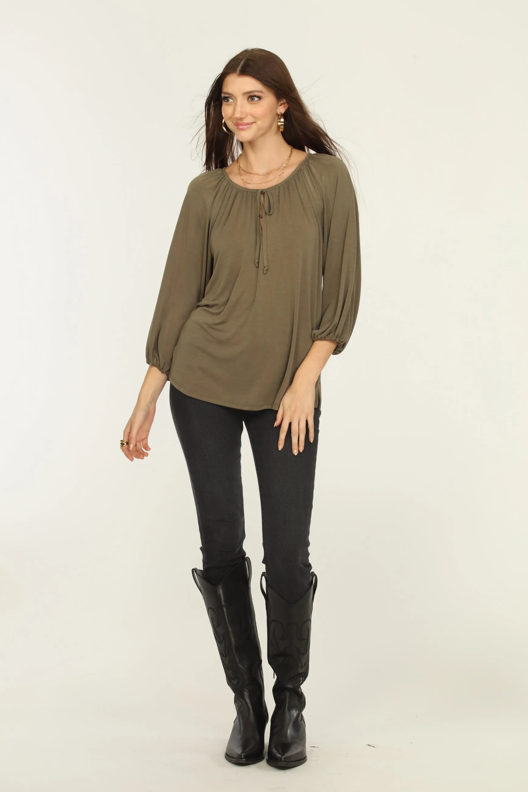 Olive Cupro Stretch Split Neck Top sold by Veronica M product image thumbnail 3