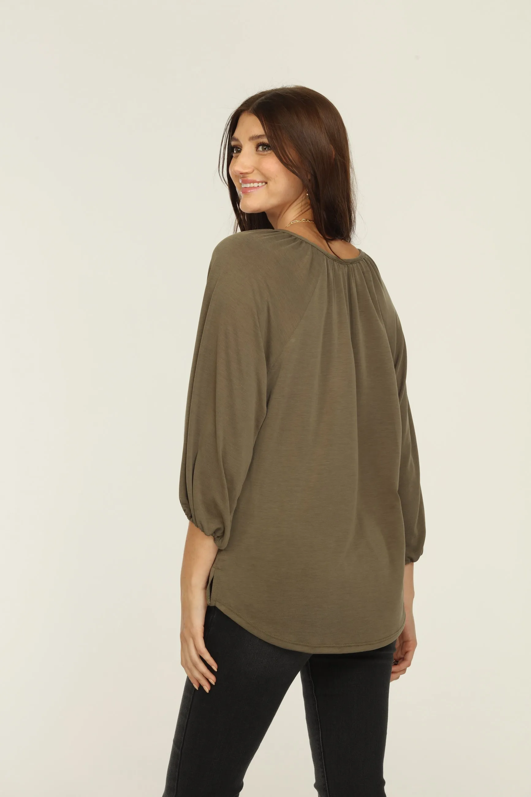 Olive Cupro Stretch Split Neck Top sold by Veronica M product image thumbnail 2