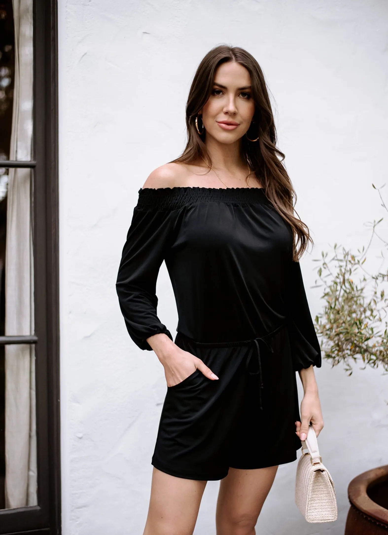 Black Stretch Smocked OTS Romper-BEST SELLER sold by Veronica M