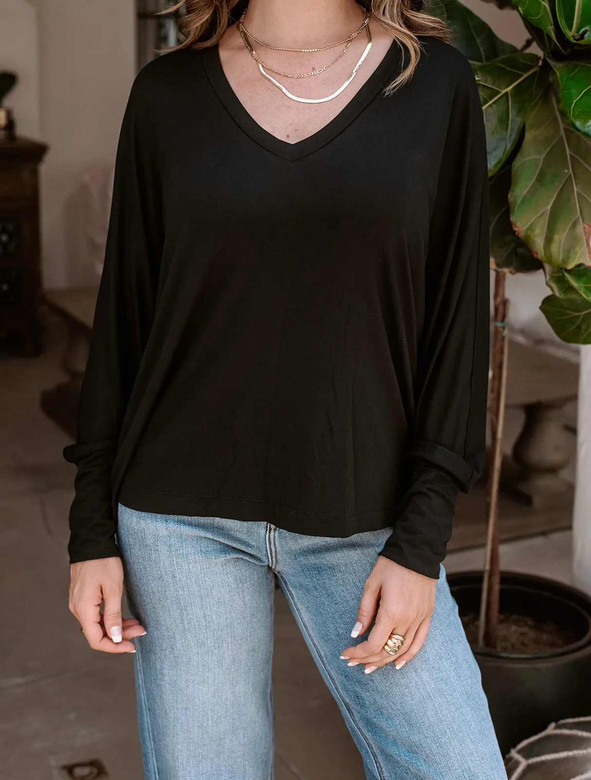 Black Modal V-Neck Long Sleeve Top - Final sale sold by Veronica M