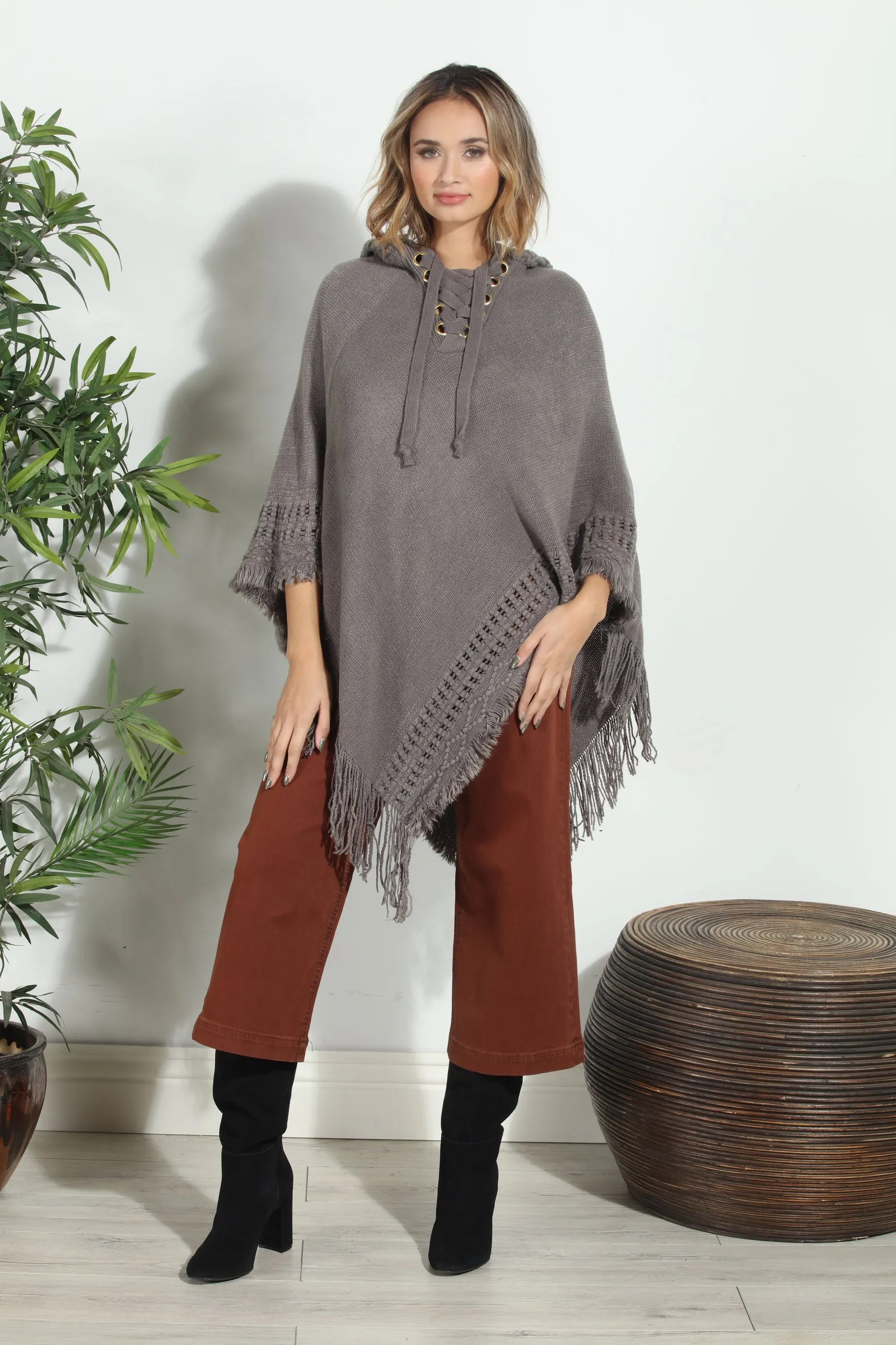 Grey Cozy Tassel Poncho sold by Veronica M