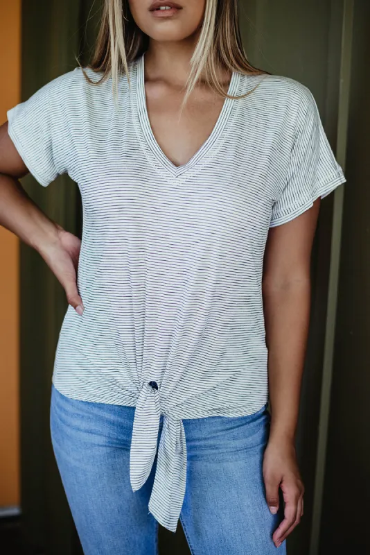 Off White Striped Tee with Front Tie-FINAL SALE sold by Veronica M