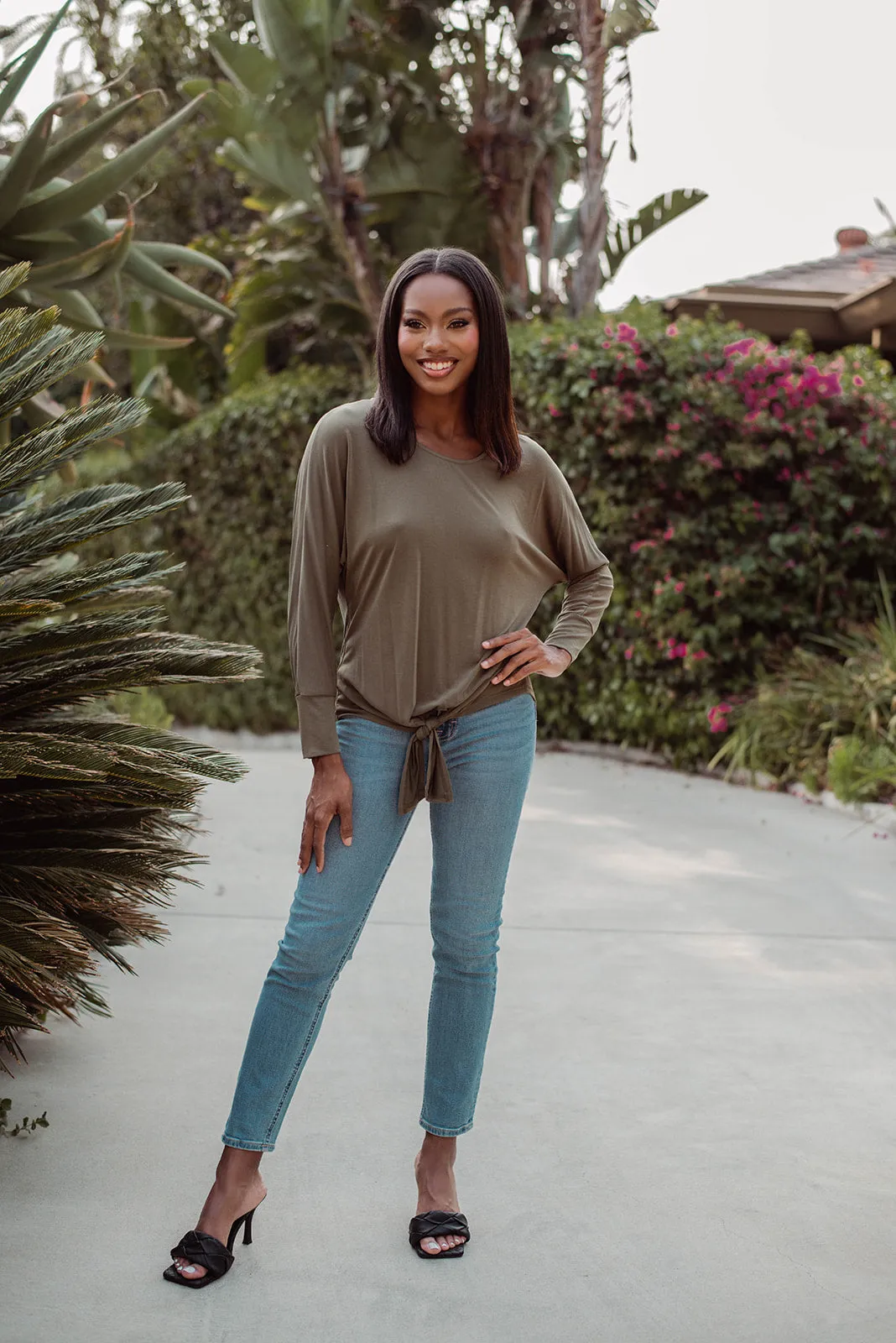 Olive Cupro Dolman Sleeve Top with Tie - FINAL SALE sold by Veronica M product image thumbnail 2