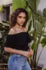 Black Stretch OTS Ruffle Bodysuit sold by Veronica M