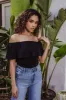 Black Stretch OTS Ruffle Bodysuit sold by Veronica M