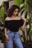 Black Stretch OTS Ruffle Bodysuit sold by Veronica M