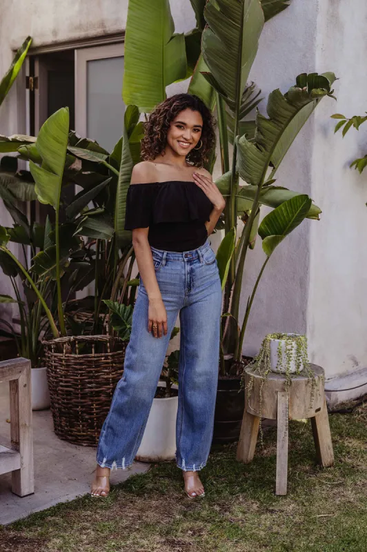 Black Stretch OTS Ruffle Bodysuit sold by Veronica M