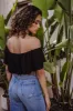 Black Stretch OTS Ruffle Bodysuit sold by Veronica M