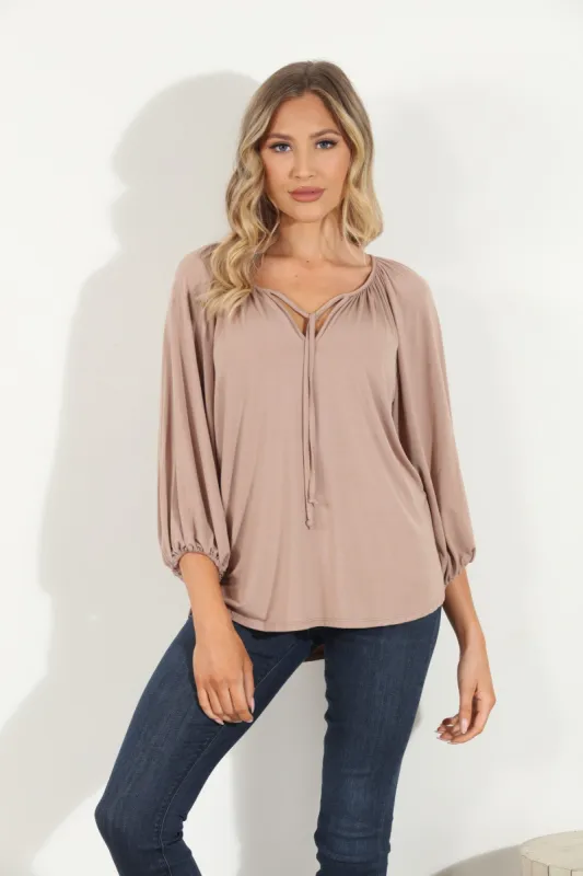 Camel Cupro Stretch Split Neck Top sold by Veronica M