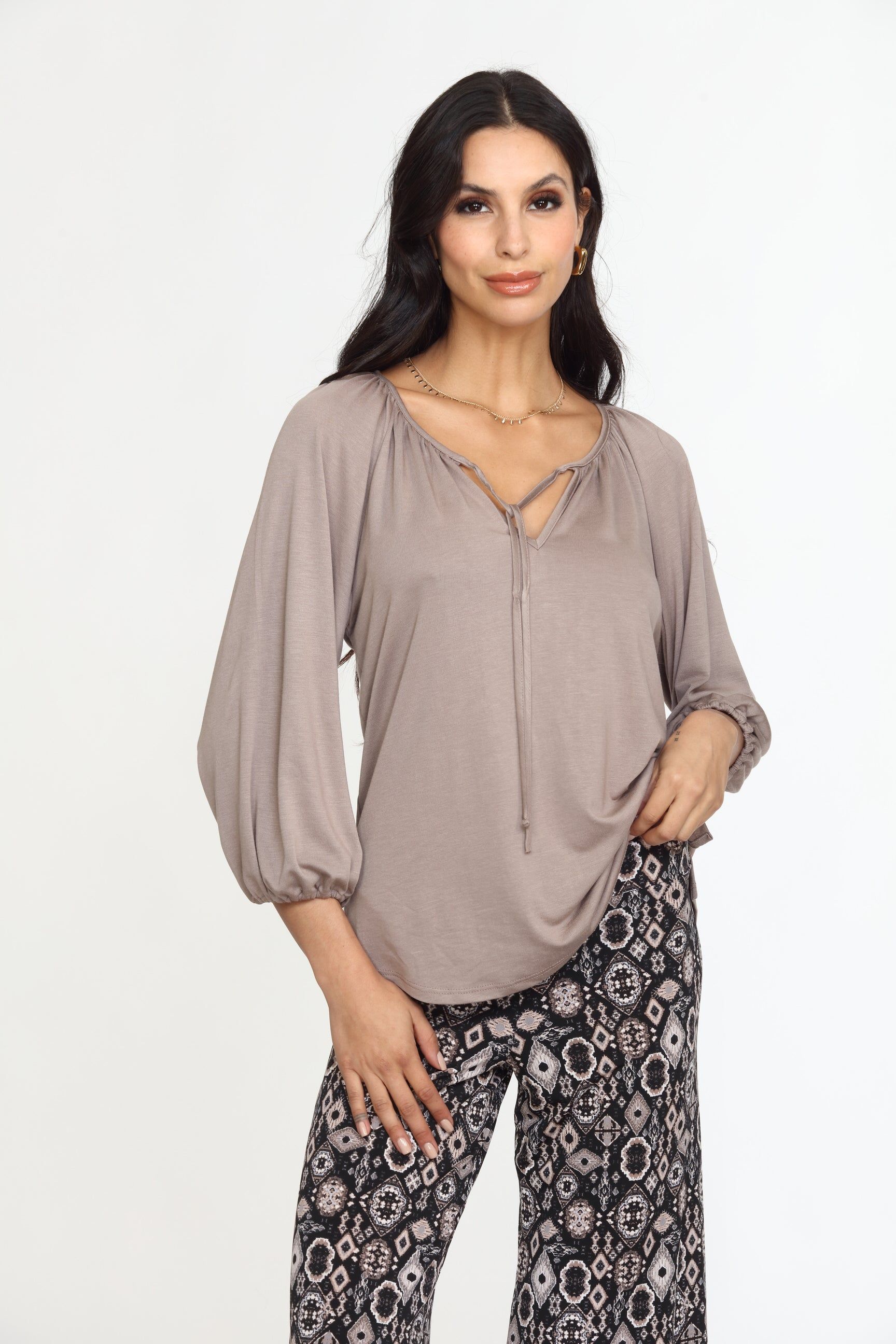 Chai Cupro Stretch Split Neck Top sold by Veronica M